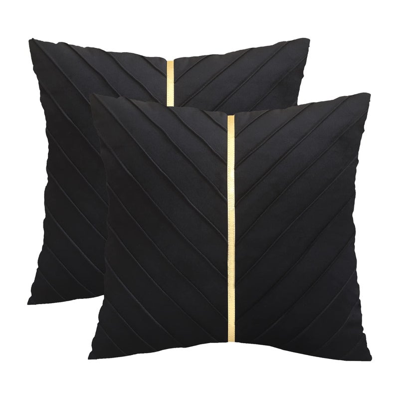 Tosleo Black Velvet Throw Pillow Covers 20 x 20 inch Pack of 2 with Gold Leather Decorative Couch Pillow Cover Luxury Modern Pillowcases for Wedding Living Room Bedroom Sofa Cushion Bed