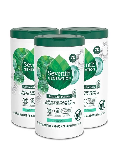 Multi Purpose Wipes All Purpose Cleaning Garden Mint scent with 100% Essential Oils and Botanical Ingredients 70 count, Pack of 3
