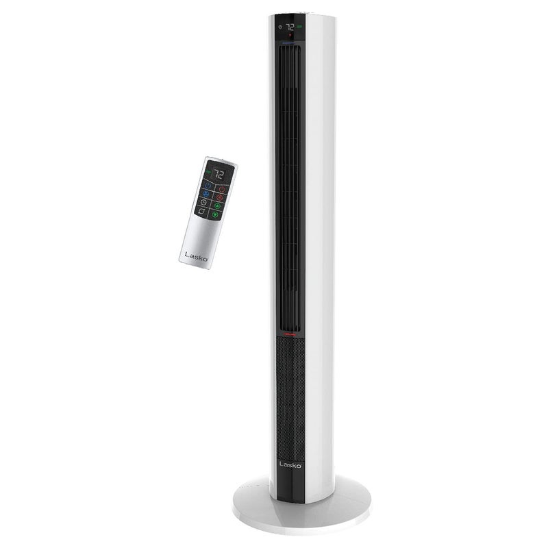 Lasko Lasko 1500 Watt 4 Speed Quiet Bladeless Multi Function Remote Control Comfort Control Tower Fan and Space Heater with 3 Heat Settings White 