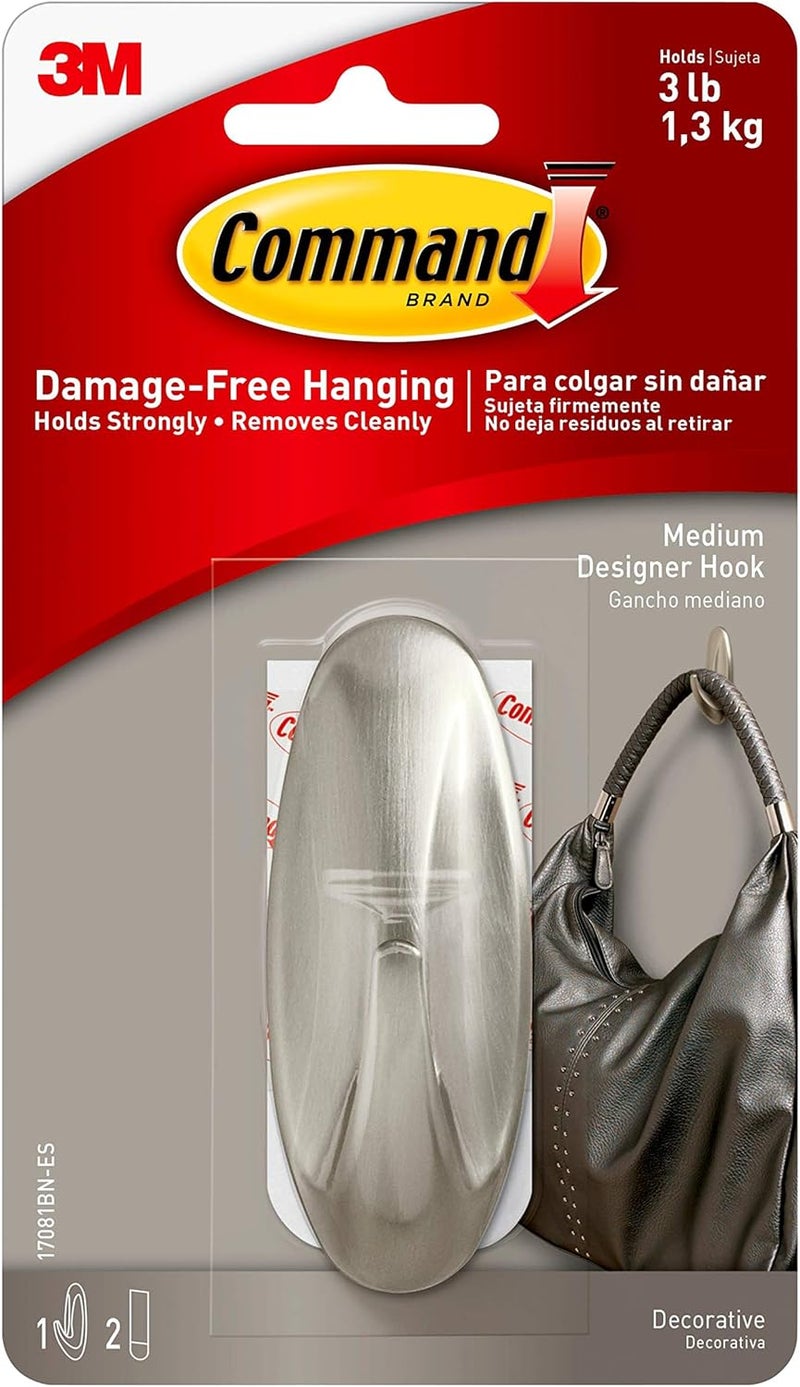 Command Medium Brushed Nickel Faux Design Hook - Damage-Free Hanging Solution - Image 1