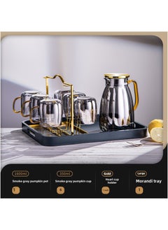 Generic High-looking Household Glass Cold Water Kettle, High Temperature Resistant Cool Boiled Water Cup, Creative Living Room Herbal Tea Ice Water Kettle, Large Capacity-Color:1600ML+[one Pot With Six Cups]+peach Heart Cup Holder+morandi Tray  - Image 1