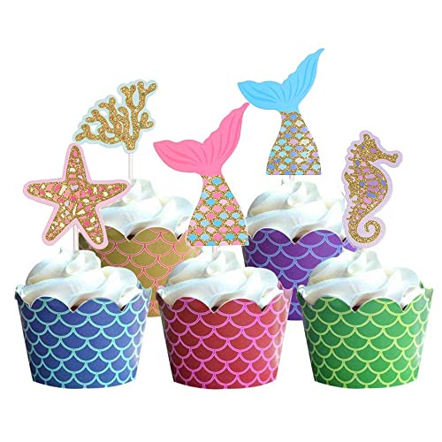 Festiko®Glitter Mermaid Theme Birthday Cake Topper Under The Sea Party Supplies Cake Decoration Cupcake Toppers 36 pcs Mermaid Tail - Image 3