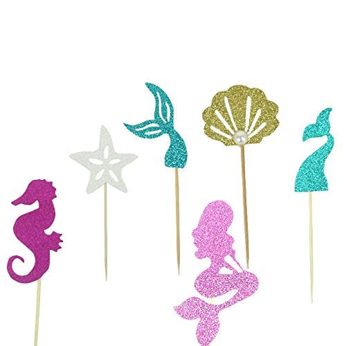 Festiko®Glitter Mermaid Theme Birthday Cake Topper Under The Sea Party Supplies Cake Decoration Cupcake Toppers 36 pcs Mermaid Tail - Image 4