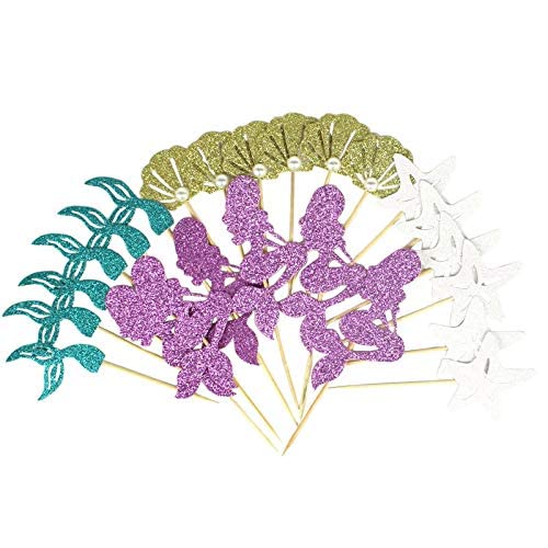 Festiko®Glitter Mermaid Theme Birthday Cake Topper Under The Sea Party Supplies Cake Decoration Cupcake Toppers 36 pcs Mermaid Tail - Image 5