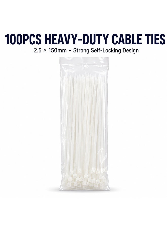 100PCS Heavy Duty White Nylon Cable Ties 150mm × 2.5mm, Extra Wide Self-Locking Zip Ties for Electrical Wires, Home, Garden, Automotive, Workshop and DIY Organization - Image 2