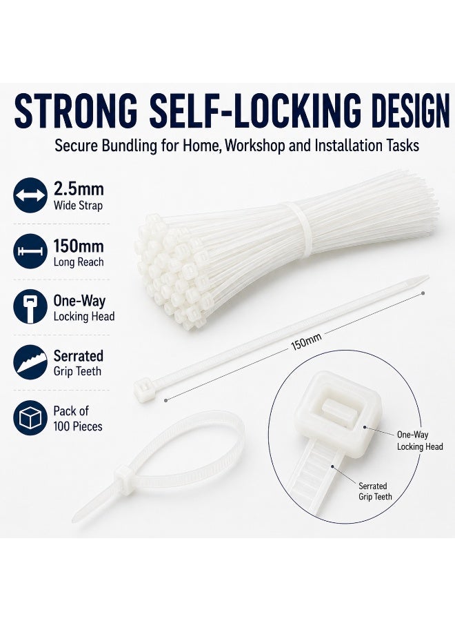 100PCS Heavy Duty White Nylon Cable Ties 150mm × 2.5mm, Extra Wide Self-Locking Zip Ties for Electrical Wires, Home, Garden, Automotive, Workshop and DIY Organization - Image 1