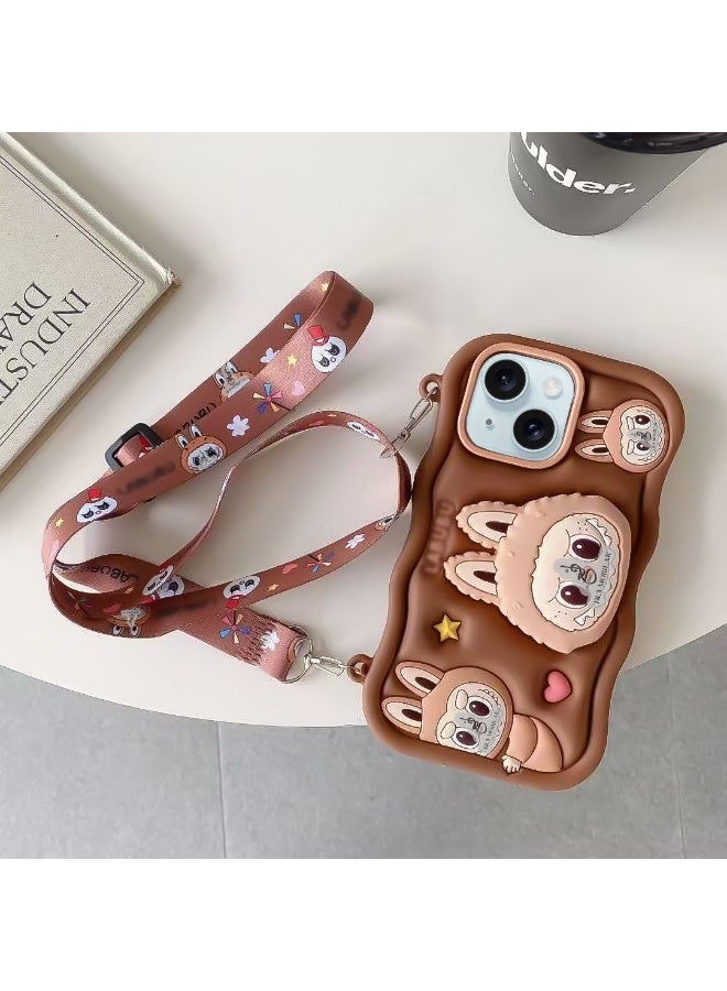 Case 3D Cute Silicone Cover with 3D Stand and Kawaii Shoulder Strap, Kids Girls Soft Funny Shockproof TPU Case With Lanyard For iPhone 13/14/15 6.1 Inch (Brown)