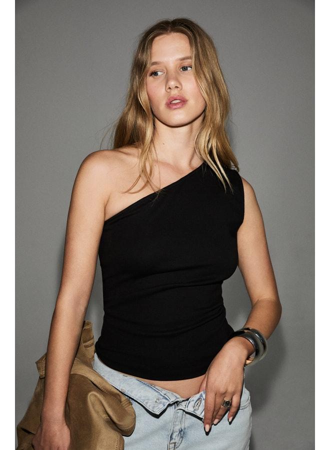 GRIMELANGE MEADOW Women's soft and stretchy fabric asymmetric collar one-shoulder open black blouse. - Image 3