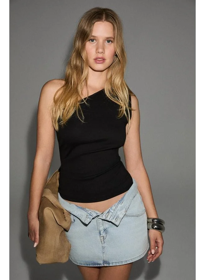 Grimelange MEADOW Women's soft and stretchy fabric asymmetric collar one-shoulder open black blouse.