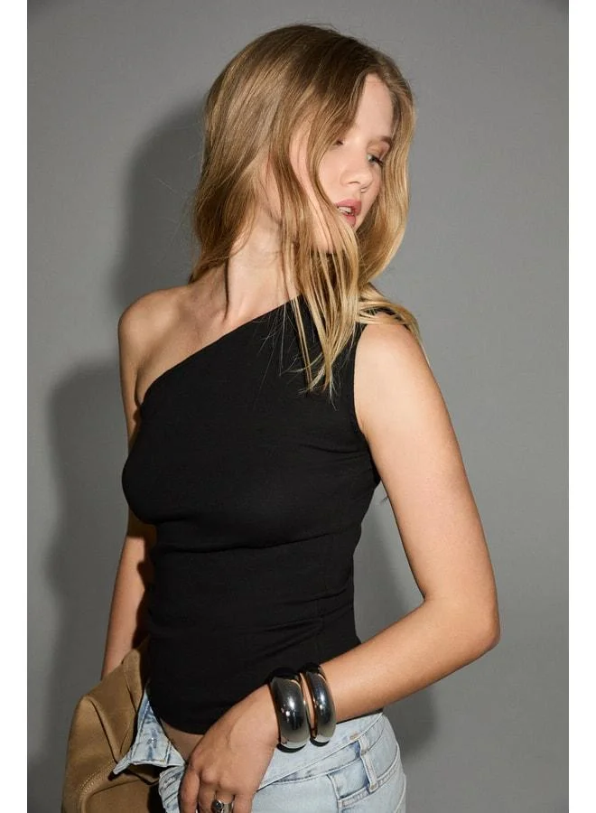 Grimelange MEADOW Women's soft and stretchy fabric asymmetric collar one-shoulder open black blouse.