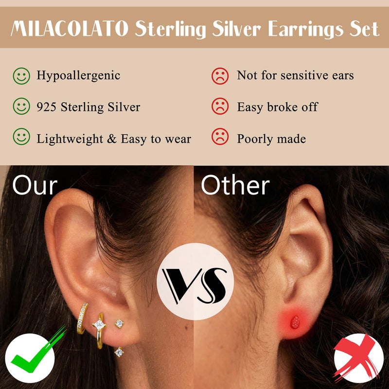 MILACOLATO 925 Sterling Silver Earrings for Women, 14K Gold Plated Small Huggie Hoop Earrings Sets for Multiple Piercing Hypoallergenic Jewelry, CZ Cartilage Earrings Stacks Trendy Jewelry Gifts, 3 Pairs - Image 4