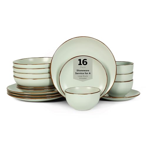 Stone Lain, Stoneware, Service for 4, Light Green, Plates and Bowls Sets, Dinnerware Set with 4 Dinner - & 4 Salad Plates, 4 Pasta - & 4 Round Bowls, Dishwasher & Microwave Safe, 16-Piece - Image 1