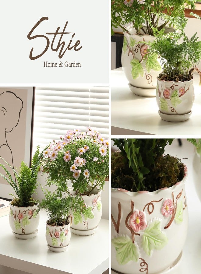 STHIE Ceramic Plant Pots with Drainage Holes and Saucers, Round Flower Pots for Indoor Plant, 3.9/5.2/6.7 Inches Small Flower Planters Set of 3 - Image 2