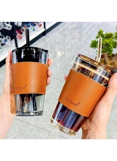 Gorgous Heat Resistant Glass Mug With Leather Lid for Tea Water Coffee Milk Beverage Leak Proof Top Lid Straw 2Pcs Gold  - Image 1