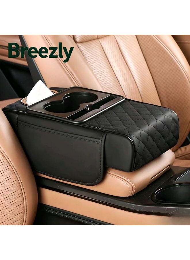 Breezly 4‑in‑1 Multifunctional Car Armrest Organizer Pad with Cup Holder & Tissue Box, Universal Quilted Leather Center Console Cushion for Elbow Pressure Relief, Black - Image 1