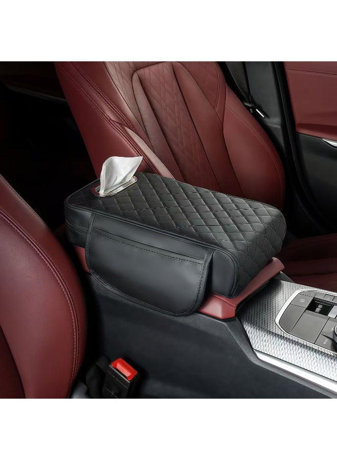 Breezly 4‑in‑1 Multifunctional Car Armrest Organizer Pad with Cup Holder & Tissue Box, Universal Quilted Leather Center Console Cushion for Elbow Pressure Relief, Black - Image 2