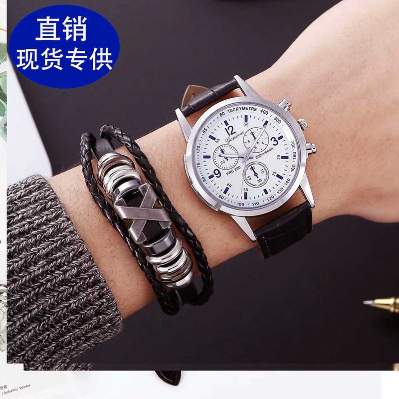 New cross-border Mens quartz watch blue light gift steel belt watch wholesale three-eye quartz hot quartz watch [Black Belt white surface} single watch