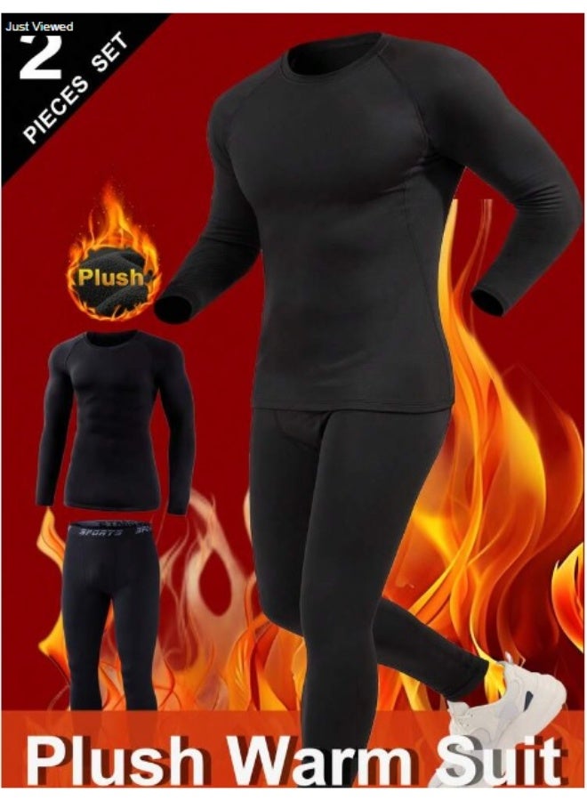 شي إن مجموعة ملابس داخلية حرارية للرجال، مبطنة بالصوف، طبقة أساسية دافئة من الأعلى والأسفل، قميص وسروال بأكمام طويلة ورقبة دائرية بلون سادة، مناسبة للارتداء في فصل الشتاء. - Image 1