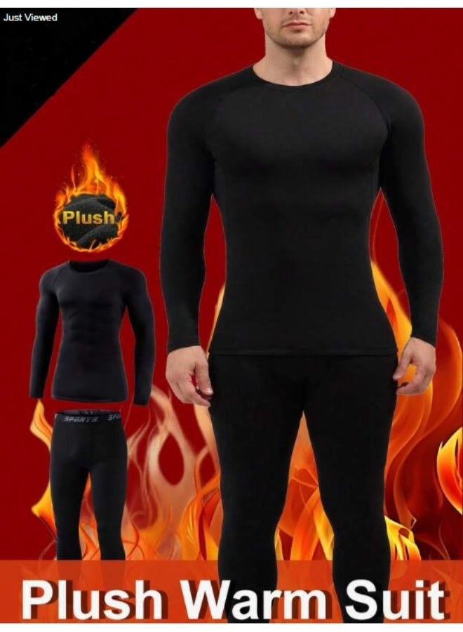شي إن مجموعة ملابس داخلية حرارية للرجال، مبطنة بالصوف، طبقة أساسية دافئة من الأعلى والأسفل، قميص وسروال بأكمام طويلة ورقبة دائرية بلون سادة، مناسبة للارتداء في فصل الشتاء. - Image 2