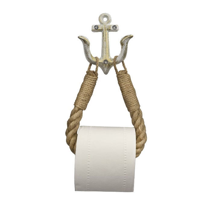 NAUTICAL ROPE TOILET PAPER HOLDER COASTAL TOWEL HOLDER WITH METAL HOOK FOR BATHROOM DECOR WHITE