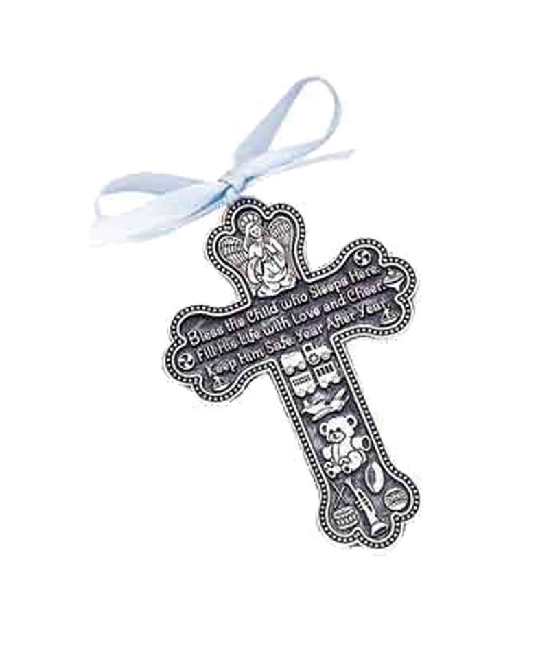 Bless The Child GUARDIAN ANGEL Baby BOY Crib Cross PEWTER MedalCHRISTENINGBABY SHOWER KeepsakeBaptism KEEPSAKEwith BLUE RIBBON