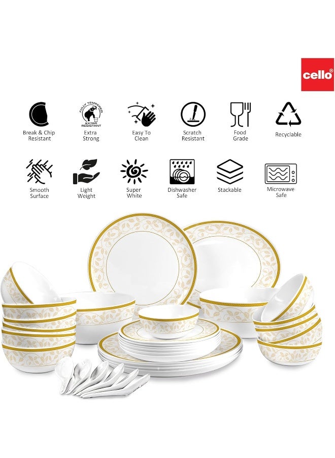 Cello Opalware Divine Series Royal Amber Dinner Set, 33Pcs | Opal Glass Dinner Set for 6 | Crockery Set for Festive Occasions, Parties | White Plate and Bowl Set - Image 2