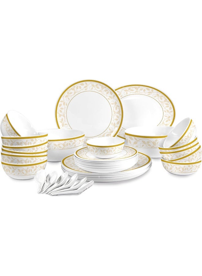 Cello Opalware Divine Series Royal Amber Dinner Set, 33Pcs | Opal Glass Dinner Set for 6 | Crockery Set for Festive Occasions, Parties | White Plate and Bowl Set - Image 1