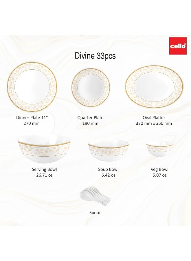 Cello Opalware Divine Series Royal Amber Dinner Set, 33Pcs | Opal Glass Dinner Set for 6 | Crockery Set for Festive Occasions, Parties | White Plate and Bowl Set - Image 5