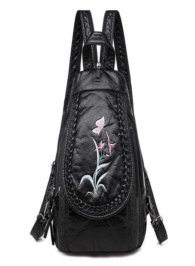 NIGEDU Vintage Embroidered Women Backpacks Soft PU Leather Backpack Purse Small Female Travel Bag Black Chest Packs (Cats) - Image 1