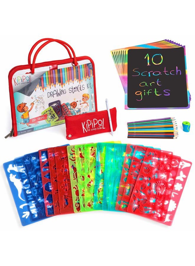 Kipipol Drawing Stencils Kit for Kids Ages 4 and Up- Arts and Crafts for Girls and Boys - 63-Piece Kids Coloring Art Set- 15 Stencils, 260+ Designs and Scratch Art- Educational Toy, Creativity Gift - Image 1