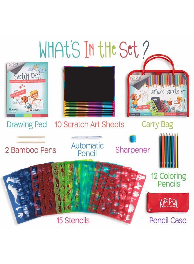 Kipipol Drawing Stencils Kit for Kids Ages 4 and Up- Arts and Crafts for Girls and Boys - 63-Piece Kids Coloring Art Set- 15 Stencils, 260+ Designs and Scratch Art- Educational Toy, Creativity Gift - Image 2