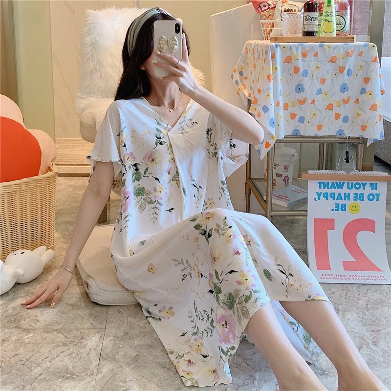 Cotton Silk Nightdress Women'S Short-Sleeved Cartoon Printed Pajamas Korean Style Plus Size Loose Cotton Silk Home Wear Thin - Image 3