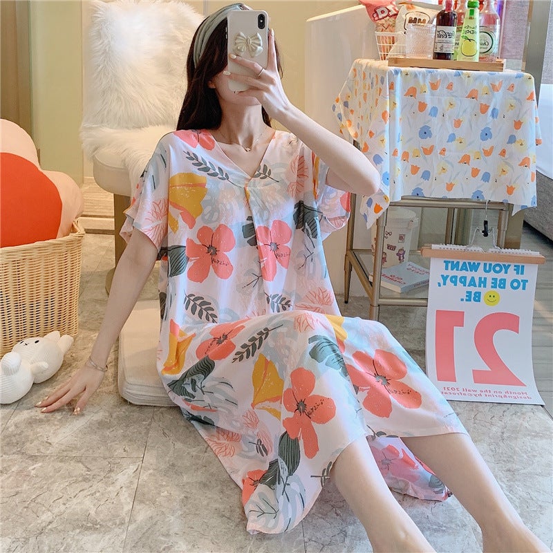 Cotton Silk Nightdress Women'S Short-Sleeved Cartoon Printed Pajamas Korean Style Plus Size Loose Cotton Silk Home Wear Thin - Image 2