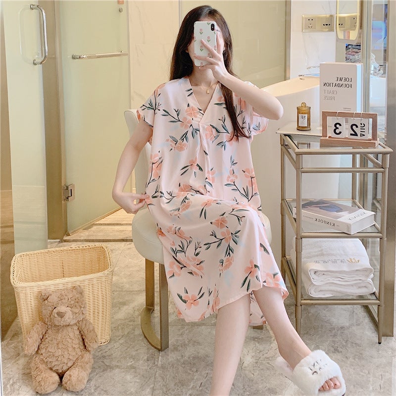 Cotton Silk Nightdress Women'S Short-Sleeved Cartoon Printed Pajamas Korean Style Plus Size Loose Cotton Silk Home Wear Thin - Image 1