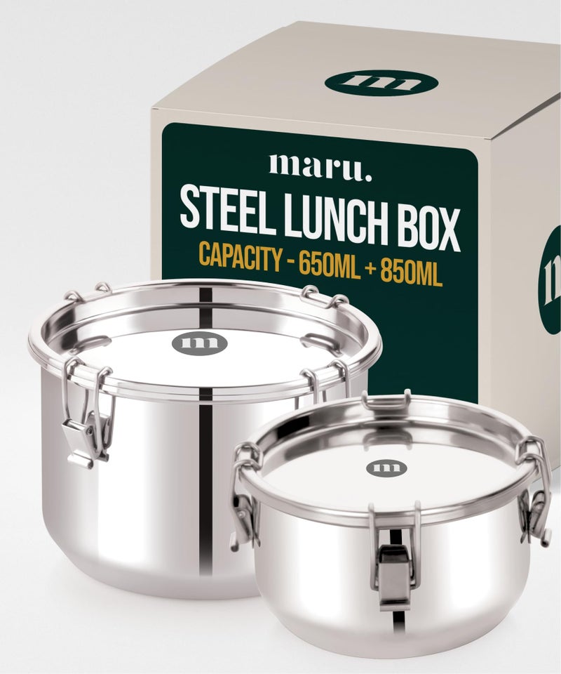 MARU Steel Big Leakproof Tiffin/Lunch Box for School/College/Office A Set of 2 650ml+850ml, Container Avoid Spilling of Curry & Liquid Items, Airtight Lunch Box is Perfect for Men/Women & Kids - Image 1