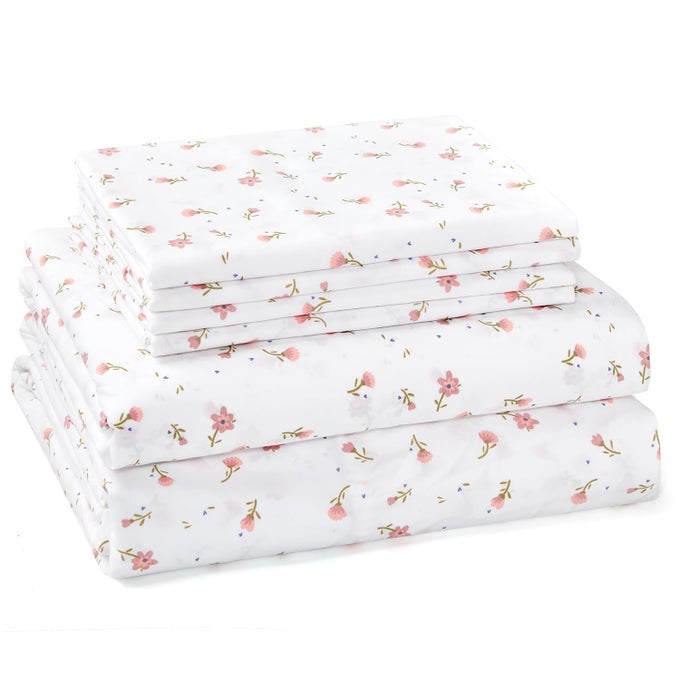 QUEEN SHEET SET 6 PIECES PINK FLORAL COTTAGE CORE BOTANICAL PATTERNED SHEETS VICTORIAN FLOWER MICROFIBER BEDDING DECOR