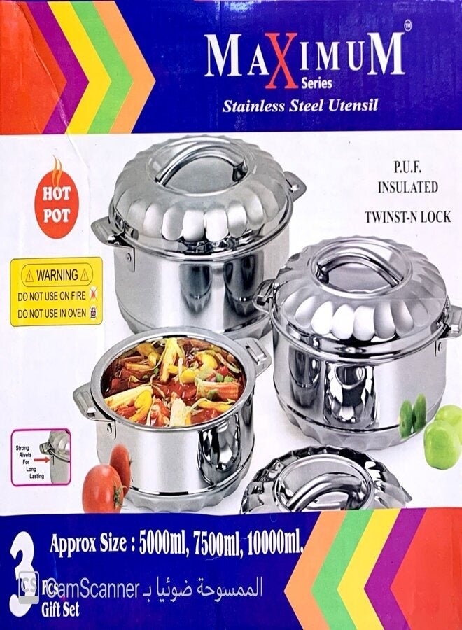Stainless Steel Insulated Hot Pot | 3 Pcs Set (10000 ML, 7500 ML, 5000 ML)
