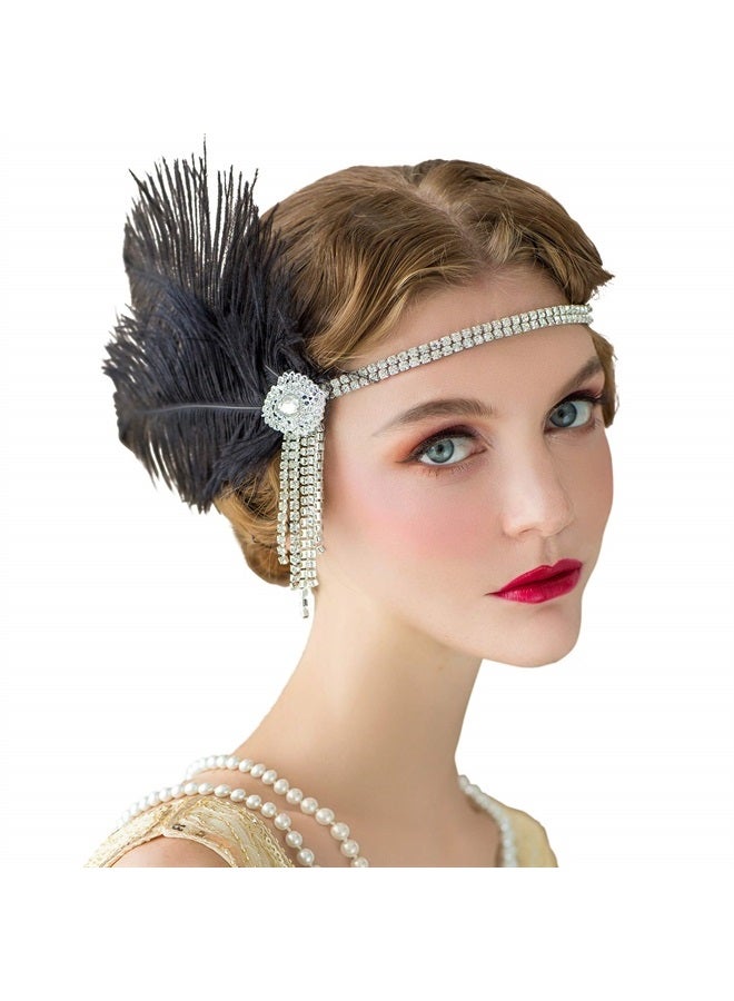 SWEETV Flapper Headbands Womens 1920s Headpiece Great Gatsby Inspired Feather Headband Cocktail Party Rhinestone Hair Accessories for Women, Black - Image 1