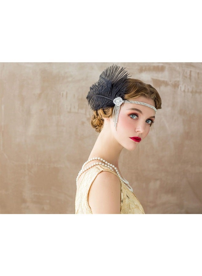 SWEETV Flapper Headbands Womens 1920s Headpiece Great Gatsby Inspired Feather Headband Cocktail Party Rhinestone Hair Accessories for Women, Black - Image 2