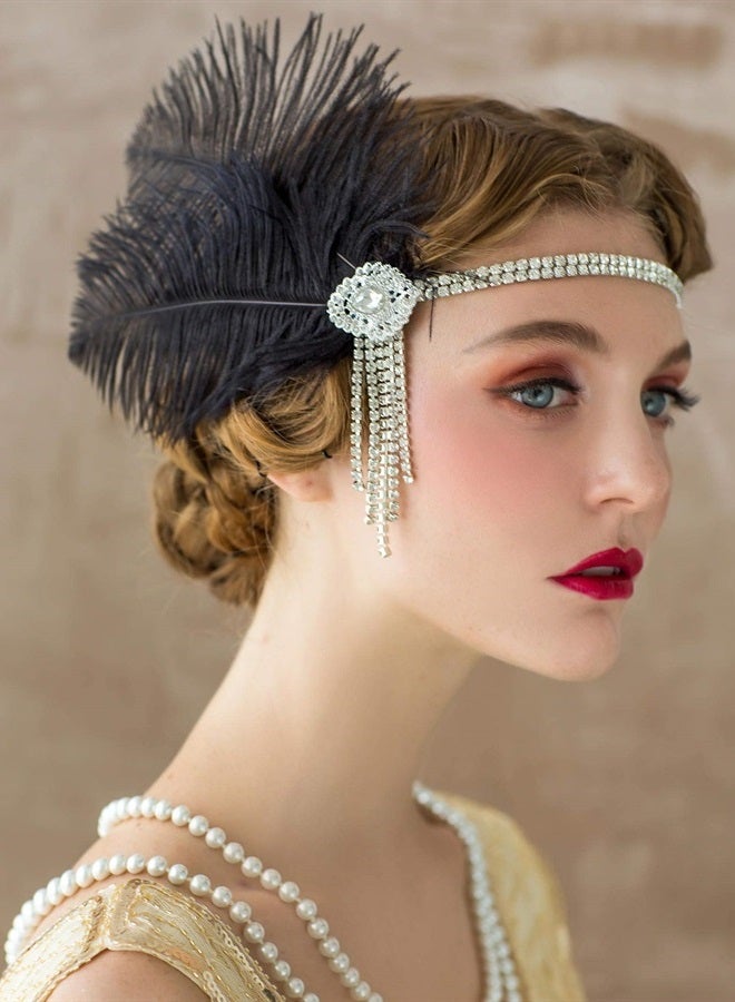 SWEETV Flapper Headbands Womens 1920s Headpiece Great Gatsby Inspired Feather Headband Cocktail Party Rhinestone Hair Accessories for Women, Black - Image 3