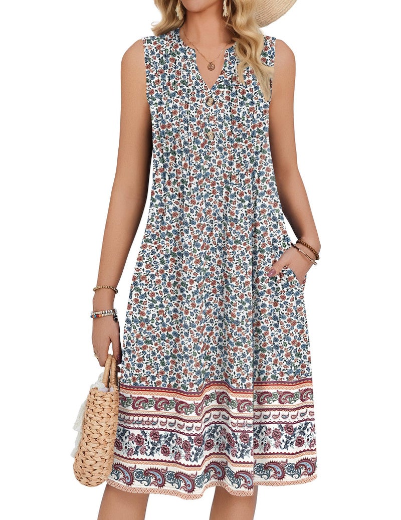 Zeagoo Womens Summer Casual Midi Dresses Pleated 2026 Sleeveless Beach Tank Dresses Boho V Neck Loose Sundresses with Pockets - Image 1