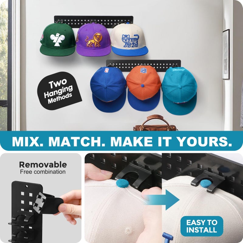 Hatisan 2 Pack Hat Organizer for Baseball Caps, Detachable DIY Hat Rack for Wall Hat Holder Hold up to 22 Hats, Baseball Cap Organizer Cap Holder Hat Hangers for Wall Closet Door Bedroom (C-Black) - Image 4