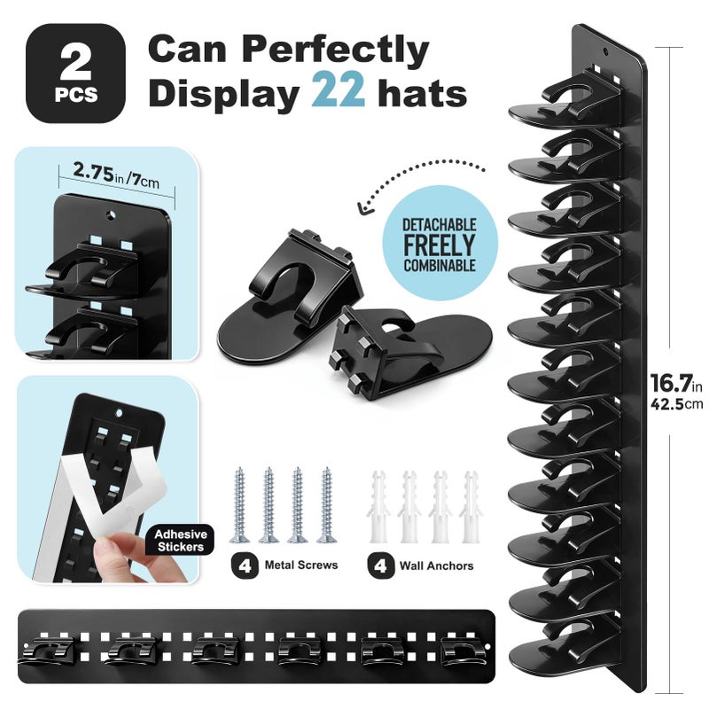 Hatisan 2 Pack Hat Organizer for Baseball Caps, Detachable DIY Hat Rack for Wall Hat Holder Hold up to 22 Hats, Baseball Cap Organizer Cap Holder Hat Hangers for Wall Closet Door Bedroom (C-Black) - Image 2