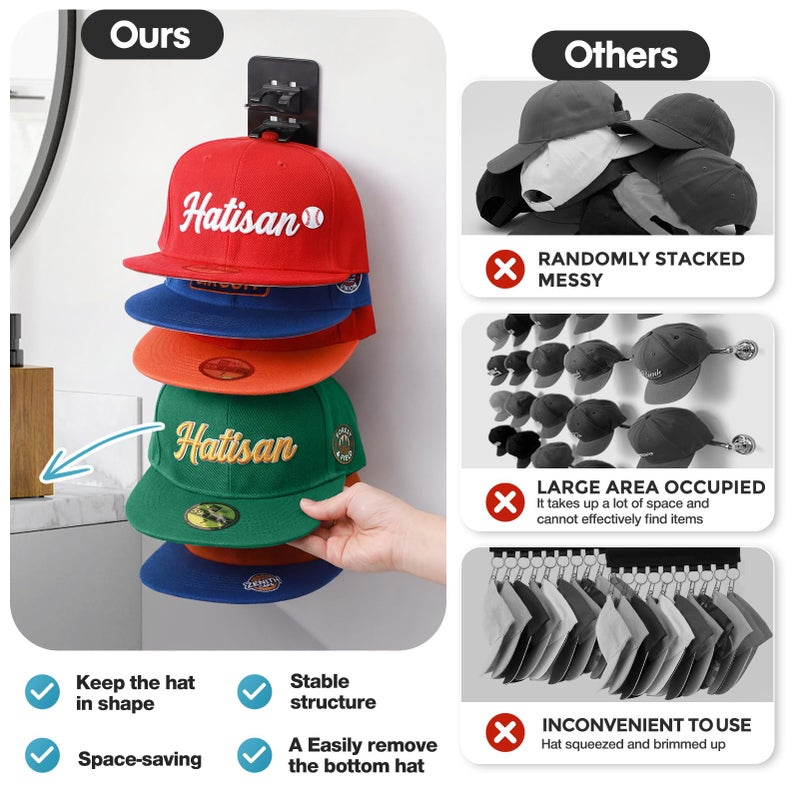 Hatisan 2 Pack Hat Organizer for Baseball Caps, Detachable DIY Hat Rack for Wall Hat Holder Hold up to 22 Hats, Baseball Cap Organizer Cap Holder Hat Hangers for Wall Closet Door Bedroom (C-Black) - Image 3