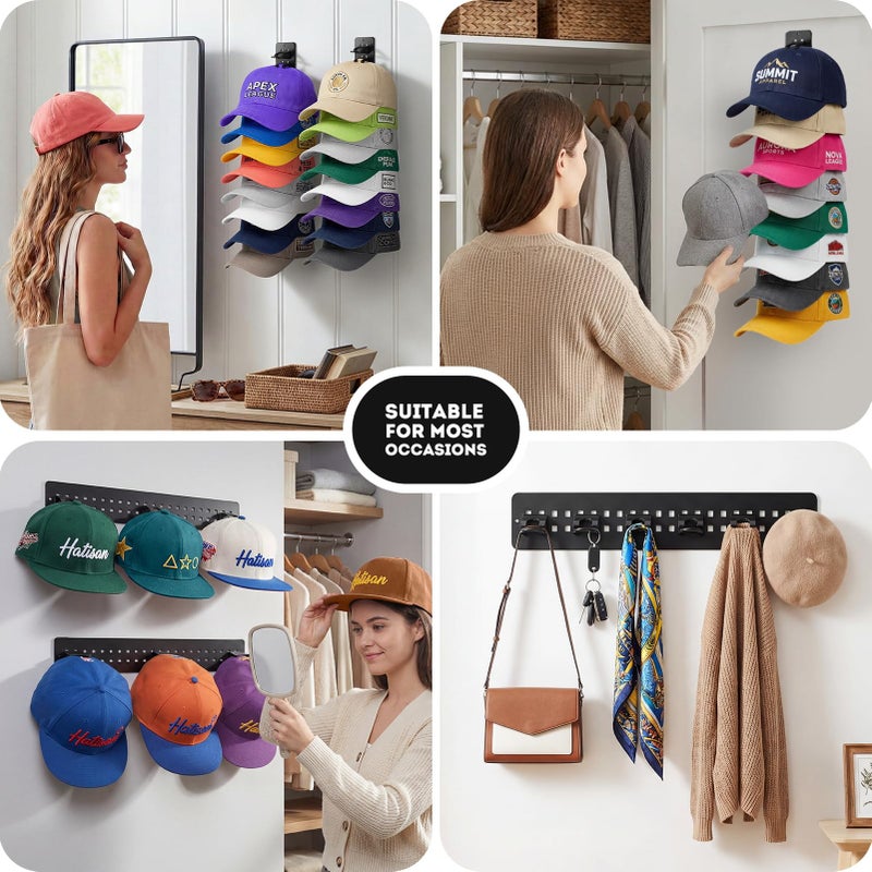 Hatisan 2 Pack Hat Organizer for Baseball Caps, Detachable DIY Hat Rack for Wall Hat Holder Hold up to 22 Hats, Baseball Cap Organizer Cap Holder Hat Hangers for Wall Closet Door Bedroom (C-Black) - Image 5