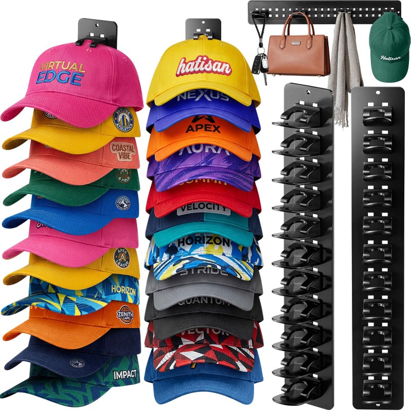 Hatisan 2 Pack Hat Organizer for Baseball Caps, Detachable DIY Hat Rack for Wall Hat Holder Hold up to 22 Hats, Baseball Cap Organizer Cap Holder Hat Hangers for Wall Closet Door Bedroom (C-Black) - Image 1