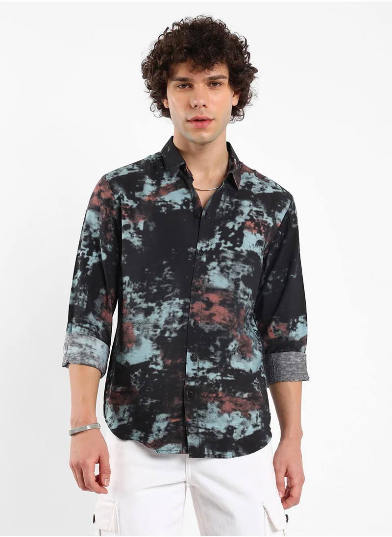 Campus Sutra Men's Midnight Black & Powder Blue Contrast Dab Shirt