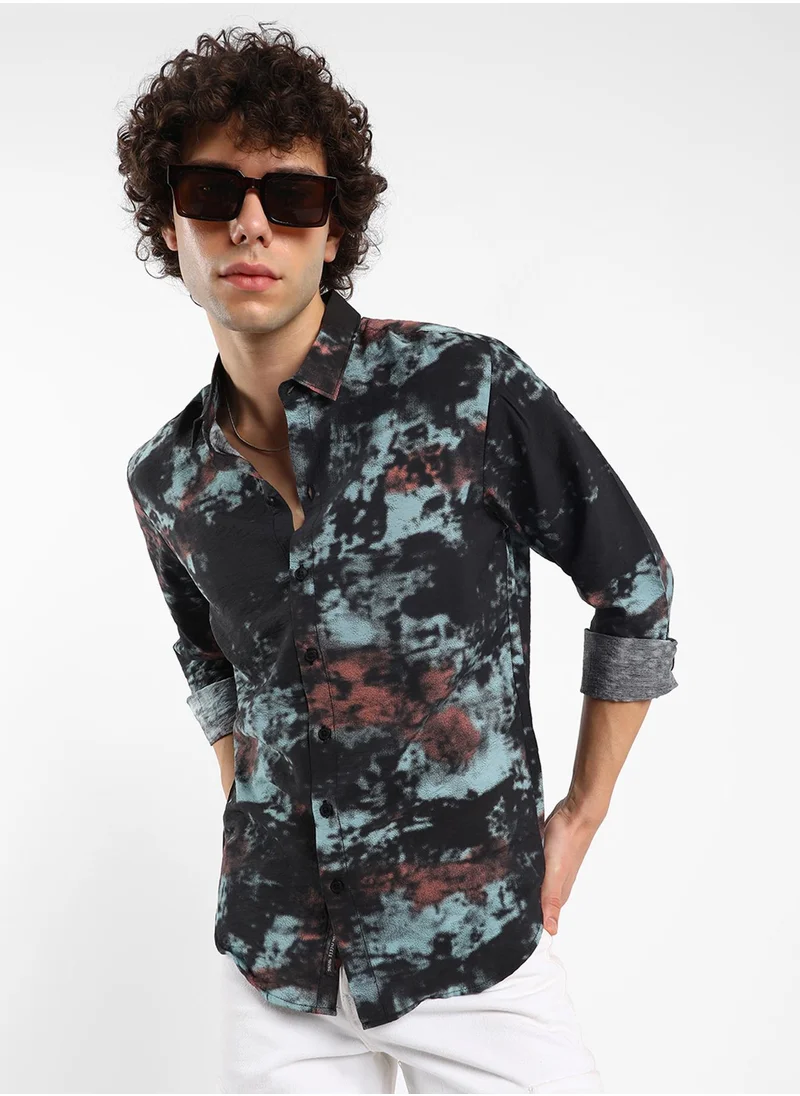 Campus Sutra Men's Midnight Black & Powder Blue Contrast Dab Shirt