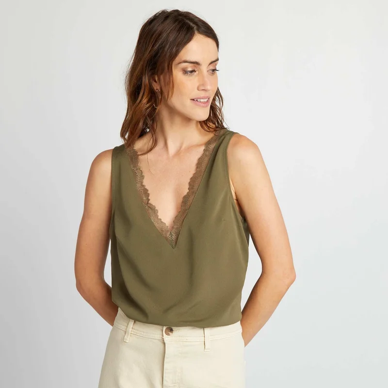 Kiabi Sleeveless Blouse With Lace Collar Khaki