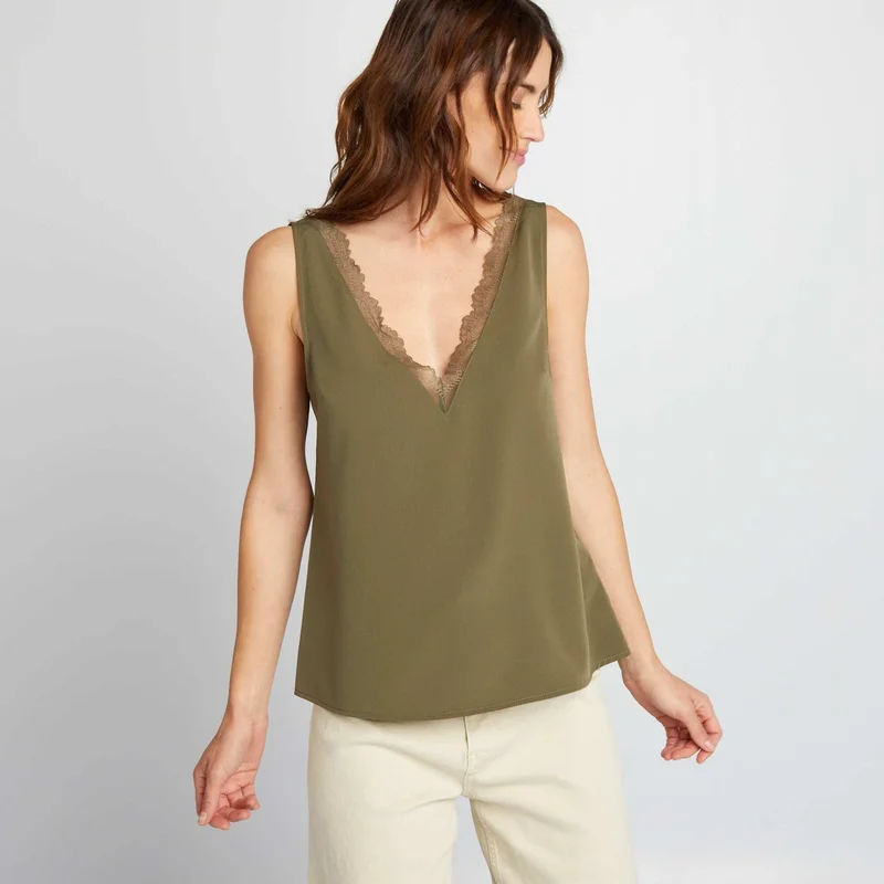 Kiabi Sleeveless Blouse With Lace Collar Khaki